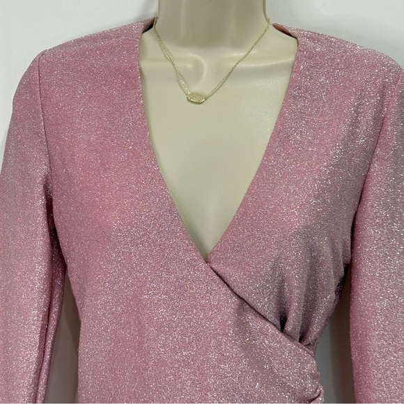Superdown Laurie Wrap Mini Dress Ruched Long Sleeve Bodycon Pink Sparkle Small - Picture 4 of 10